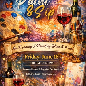 May include: A Paint & Sip event flyer featuring a wooden palette, paintbrushes, a wine glass, a bottle of wine, and a canvas. Text reads: Join Us For A Paint & Sip, An Evening of Painting Wine & Fun!, Friday, June 18th, 7:00 PM - 9:30 PM.