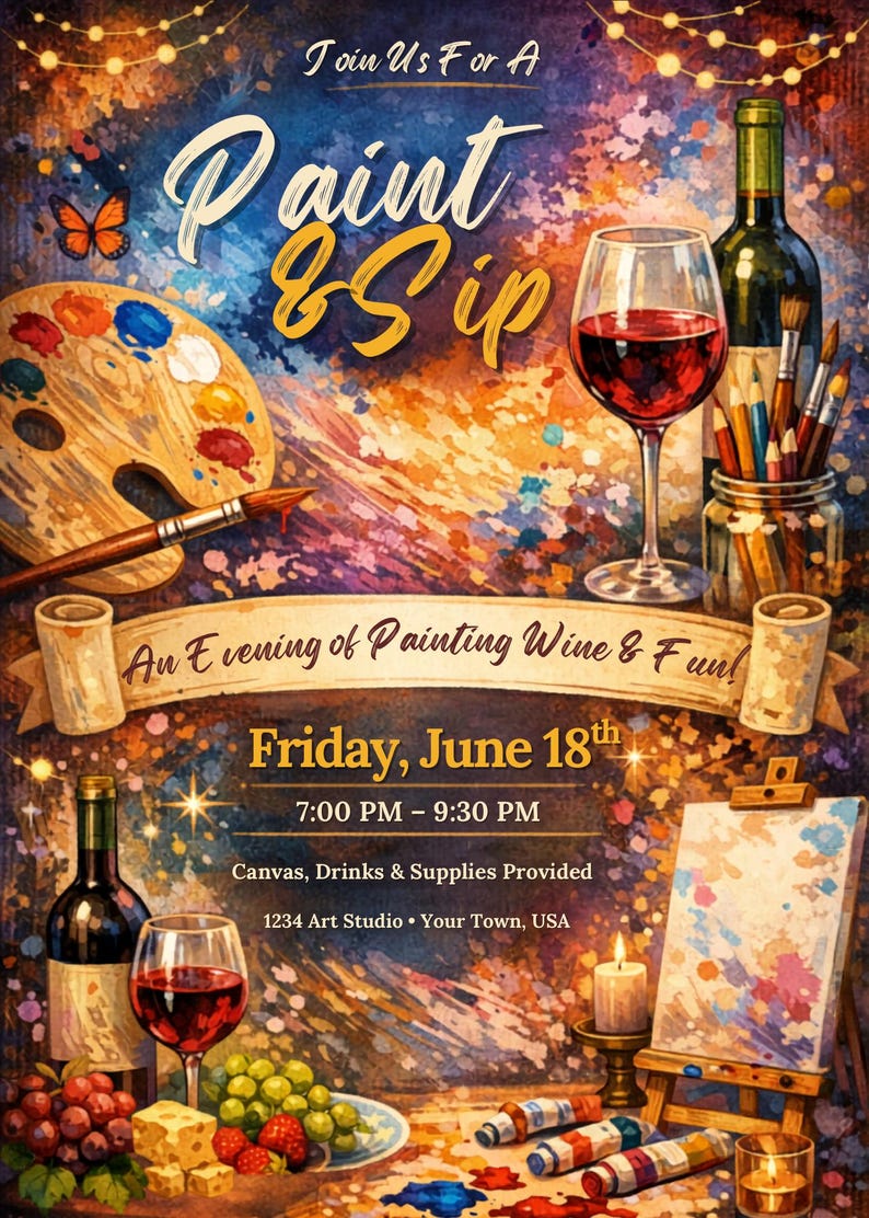 May include: A Paint & Sip event flyer featuring a wooden palette, paintbrushes, a wine glass, a bottle of wine, and a canvas. Text reads: Join Us For A Paint & Sip, An Evening of Painting Wine & Fun!, Friday, June 18th, 7:00 PM - 9:30 PM.