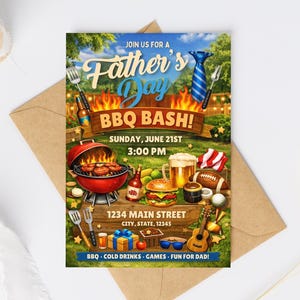 Puede incluir: Tarjeta de invitación para barbacoa del Día del Padre con parrilla roja, hamburguesa, cerveza, balón de fútbol, guitarra y regalo. Texto: JOIN US FOR A Father's Day BBQ BASH! SUNDAY, JUNE 21ST 3:00 PM 1234 MAIN STREET CITY, STATE, 12345 BBQ COLD DRINKS GAMES FUN FOR DAD!