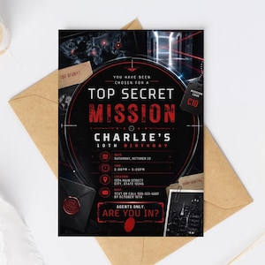 May include: A rectangular birthday invitation card with a spy theme, featuring black and red graphics, a target reticle, and text reading Top Secret Mission, Charlie's 10th Birthday, Saturday October 23, 2:00pm-5:00pm, 1234 Main Street, and Are You In?