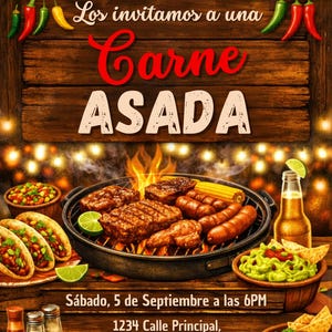 Editable Carne Asada birthday invite shown in a professional mockup with modern typography, Spanish and English wording, and barbecue themed design details. The 5x7 Canva template allows easy customization for birthday cookouts, taco parties, and family celebrations. This listing image showcases printable digital download features, customizable event information, and a welcoming layout designed to help hosts create excitement for an upcoming Carne Asada birthday gathering.