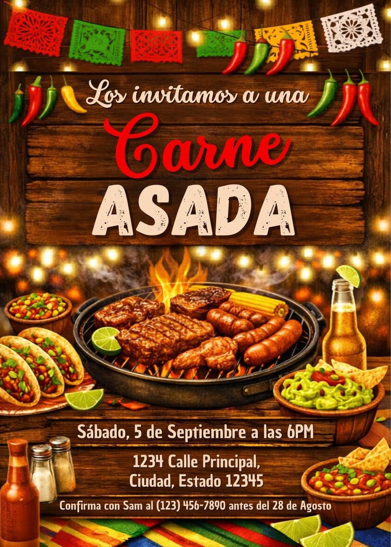 Editable Carne Asada birthday invite shown in a professional mockup with modern typography, Spanish and English wording, and barbecue themed design details. The 5x7 Canva template allows easy customization for birthday cookouts, taco parties, and family celebrations. This listing image showcases printable digital download features, customizable event information, and a welcoming layout designed to help hosts create excitement for an upcoming Carne Asada birthday gathering.