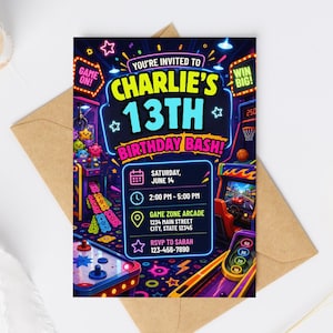 May include: A rectangular birthday invitation card featuring a vibrant arcade theme with neon colors. The text reads: YOU'RE INVITED TO CHARLIE'S 13TH BIRTHDAY BASH! SATURDAY, JUNE 14, 2:00 PM - 5:00 PM, GAME ZONE ARCADE, 1234 MAIN STREET, CITY, STATE 12345.