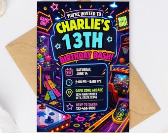 May include: A rectangular birthday invitation card featuring a vibrant arcade theme with neon colours. The text reads: YOU'RE INVITED TO CHARLIE'S 13TH BIRTHDAY BASH! SATURDAY, JUNE 14, 2:00 PM - 5:00 PM, GAME ZONE ARCADE, 1234 MAIN STREET, CITY, STATE 12345.
