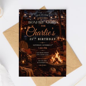 May include: A rectangular invitation card featuring a nighttime bonfire scene with string lights, wooden chairs, and a fire pit. The text reads: Join us for a Bonfire Night for Charlie's 35th Birthday, Saturday, October 11th, 7:00 PM, 1234 Main Street, City, State 12345, RSVP to Maria 555-123-4567 by October 4th.