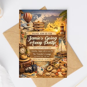Puede incluir: Una tarjeta de invitación rectangular para la fiesta de despedida de Jamie con temática de viajes, que incluye un globo aerostático, faro, velero, maleta vintage, cámara, pasaporte, brújula, conchas marinas y un mapa mundial de fondo.