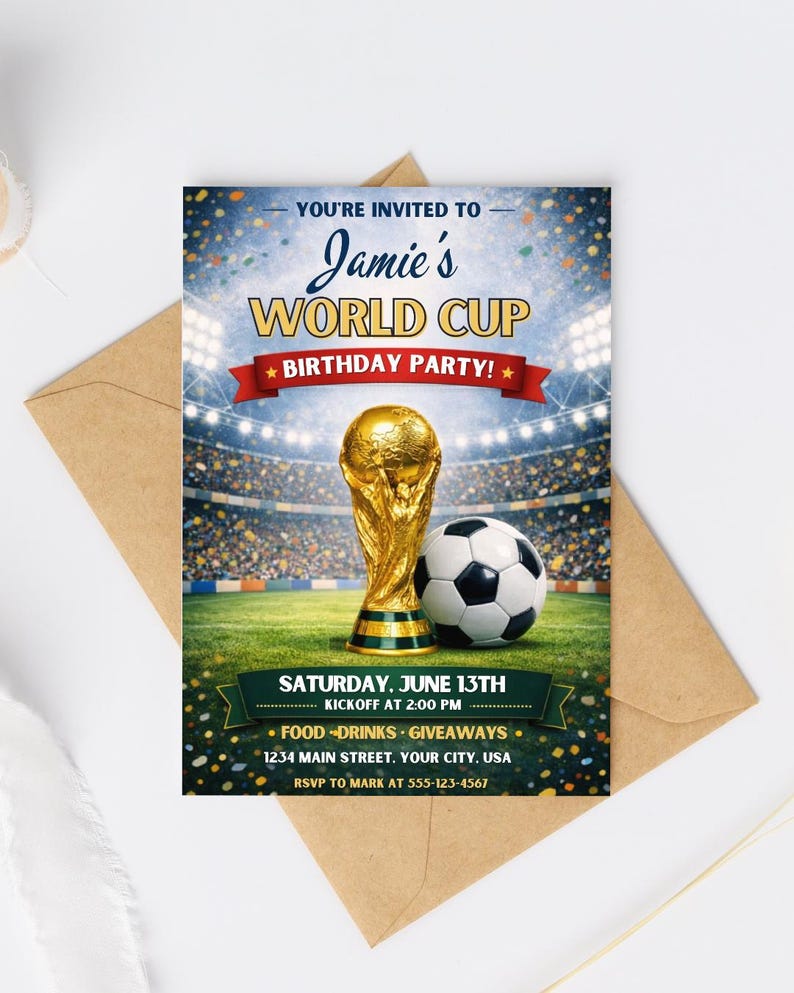Realistic product mockup displays the World Cup invitation template centered on a dynamic green field background with soccer accents. The editable Canva design features vibrant soccer balls, national flags, bold World Cup typography, and energetic match-day graphics in bright tournament colors. Central customizable text area shows sample wording “World Cup Watch Party