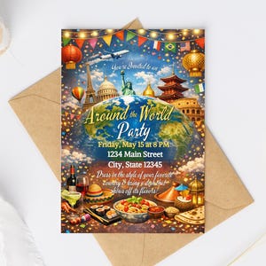 May include: An invitation for an "Around the World Party" with a globe, landmarks, and flags. The text reads "You're Invited to an Around the World Party" with the date, time, and address. The invitation also includes the phrase "Dress in the style of your favorite country & bring a dish that shows off its flavors!"
