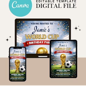 Printed example of the customized World Cup invitation template displayed on a table with snacks, team scarves, jerseys, and soccer decorations creating a realistic game day setting. The 5x7 vibrant design pops with fully personalized text for the FIFA World Cup watch party. This instant digital download shows the high-quality final output after editing in free Canva. The mockup highlights how the customizable template elevates any soccer gathering