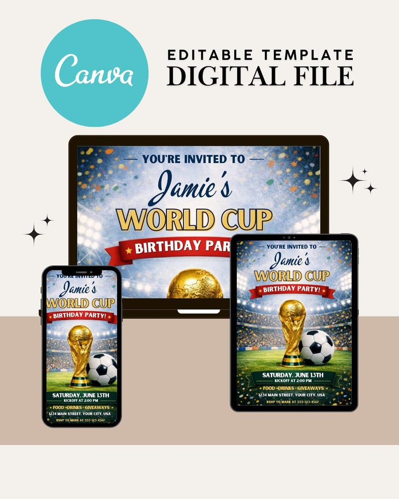 Printed example of the customized World Cup invitation template displayed on a table with snacks, team scarves, jerseys, and soccer decorations creating a realistic game day setting. The 5x7 vibrant design pops with fully personalized text for the FIFA World Cup watch party. This instant digital download shows the high-quality final output after editing in free Canva. The mockup highlights how the customizable template elevates any soccer gathering
