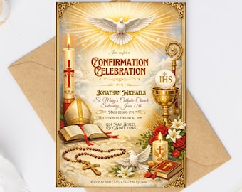 Confirmation Catholic Invitation Template Canva Editable Digital Download Mass Reception Celebration 5x7 Invite