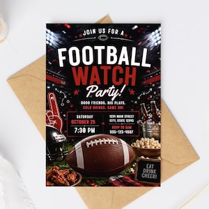 May include: A football watch party invitation card featuring a stadium background, a brown football, a foam finger, snacks, and drinks. Text includes JOIN US FOR A FOOTBALL WATCH PARTY, OCTOBER 25, 7:30 PM, 1234 MAIN STREET, RSVP TO SAM 555-123-4567, and EAT DRINK CHEER.