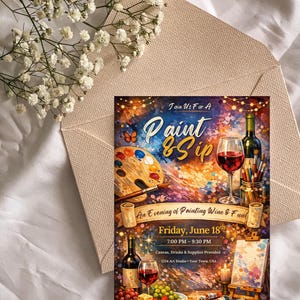 May include: A rectangular event invitation card featuring a colourful, painterly background with text that reads Join Us For A Paint & Sip, An Evening of Painting Wine & Fun, Friday, June 18th, 7:00 PM - 9:30 PM, Canvas, Drinks & Supplies Provided, 1234 Art Studio, Your Town, USA.