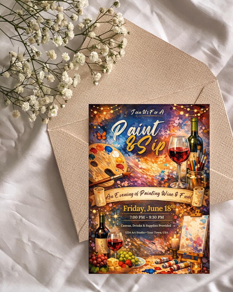 May include: A rectangular event invitation card featuring a colourful, painterly background with text that reads Join Us For A Paint & Sip, An Evening of Painting Wine & Fun, Friday, June 18th, 7:00 PM - 9:30 PM, Canvas, Drinks & Supplies Provided, 1234 Art Studio, Your Town, USA.