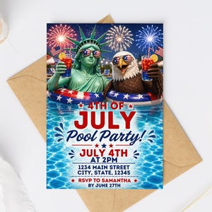 Pode incluir: Cartão de convite para festa na piscina de 4 de julho com a Estátua da Liberdade e uma águia-careca com óculos de sol de bandeira em uma piscina. Texto: 4TH OF JULY Pool Party! JULY 4TH AT 2PM 1234 MAIN STREET CITY, STATE, 12345 RSVP TO SAMANTHA BY JUNE 27TH.
