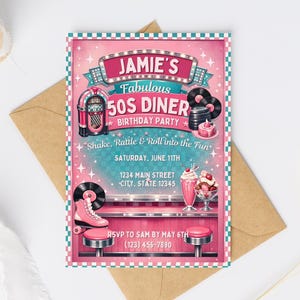 Geburtstagseinladung im Stil eines 50er-Jahre-Diners, Retro-Rock'n'Roll-Party, bearbeitbare Canva-Vorlage (digitaler Download)