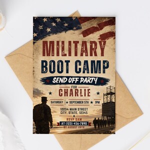 May include: A rectangular invitation card with a distressed American flag background. The text reads: MILITARY BOOT CAMP SEND OFF PARTY FOR CHARLIE, SATURDAY SEPTEMBER 5TH 1PM, 12234 MAIN STREET CITY, STATE, 12345, RSVP SAM AT (123) 456-7890 BY AUGUST 28TH.