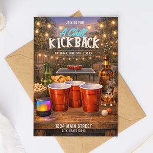 以下が含まれることがあります： JOIN US FOR A Chill KICK BACK SATURDAY, JUNE 15TH | 7:30 PM および 1234 MAIN STREET CITY, STATE 12345 と書かれた招待状。赤いプラスチックカップ、ビール瓶、小型スピーカー、卓球台が描かれたデザインです。
