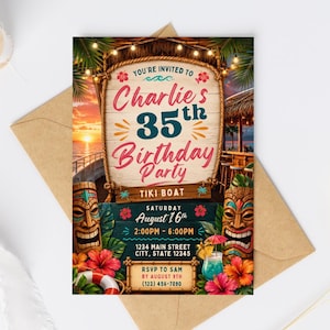 Op de afbeelding: Een rechthoekige verjaardagsuitnodigingskaart met een tropisch tiki-thema. Het ontwerp bevat een houten bord met de tekst 'Charlie's 35th Birthday Party', tiki-maskers, hibiscusbloemen, palmbladeren en een achtergrond van een zonsondergang.