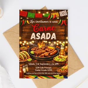 Carne Asada birthday invitation template displayed in a festive mockup featuring bilingual Spanish and English text, barbecue inspired design elements, and customizable event details. The editable Canva invitation is sized at 5x7 and designed for backyard cookouts, birthday BBQs, family gatherings, and Mexican themed celebrations. Listing image highlights printable digital download convenience, personalized text fields, and a fun party atmosphere perfect for inviting guests to a memorable