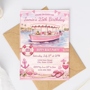 Plantilla de invitación de cumpleaños con temática de barco Duffy, invitación editable en Canva, invitación para fiesta de cumpleaños con crucero por el puerto, celebración náutica en barco, 5x7 pulgadas (formato digital)