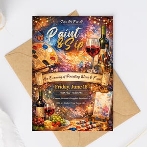 Paint and Sip Party Invitation Template, Editable Canva Wine Night Invite (Digital Download) image 1