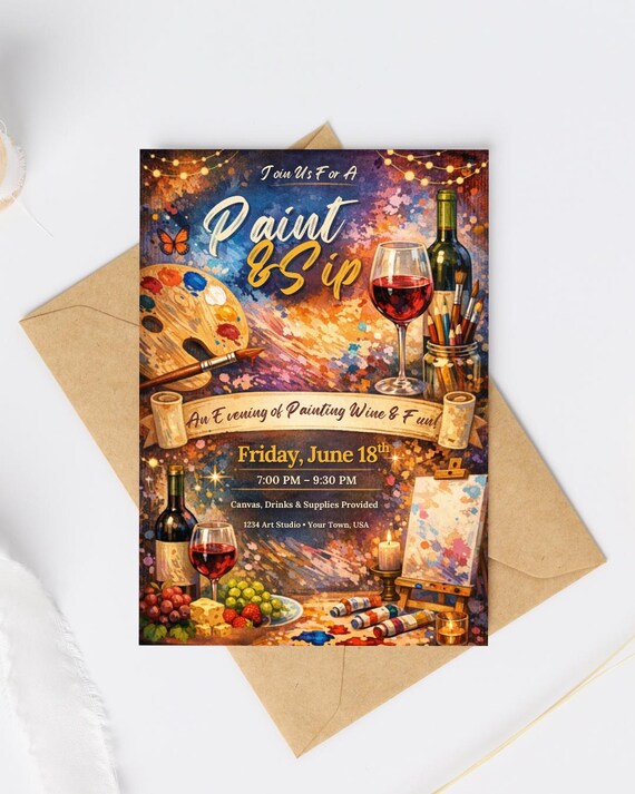 Paint and Sip Party Invitation Template, Editable Canva Wine Night Invite (Digital Download)