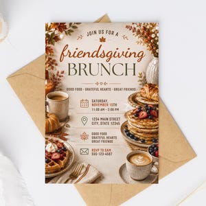 May include: A Friendsgiving brunch invitation card featuring autumn foliage, a stack of pancakes with berries, a waffle, and coffee mugs. The text reads: JOIN US FOR A friendsgiving BRUNCH, GOOD FOOD, GRATEFUL HEARTS, GREAT FRIENDS, SATURDAY, NOVEMBER 15TH, 11:00 AM - 2:00 PM, 1234 MAIN STREET, CITY, STATE 12345, RSVP TO SAM 555-123-4567.