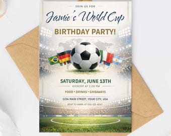 Convite para festa de aniversário para assistir à Copa do Mundo, modelo editável em branco no Canva (download digital)