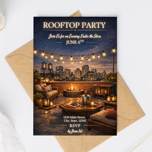 May include: A rectangular invitation card featuring a rooftop party scene at night with string lights, a fire pit, and city skyline. Text reads: ROOFTOP PARTY, Join Us for an Evening Under the Stars, JUNE 6TH, 1234 Main Street, City, State, 12345, RSVP by June 1st.