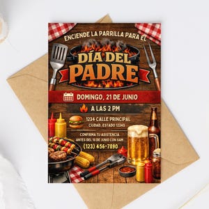 May include: A barbecue-themed invitation card with the text "Día del Padre" (Father's Day) in Spanish, along with grilling tools, food, and drinks. The invitation includes the date, time, and address for the event. The card is placed inside a brown envelope.