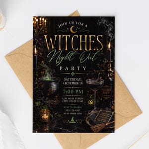 May include: A rectangular party invitation card featuring a dark, atmospheric scene with a smoking cauldron, lit candles, and a cocktail glass. The text reads: JOIN US FOR A WITCHES Night Out PARTY, SATURDAY, OCTOBER 18, 7:00 PM, 1234 MAIN STREET.