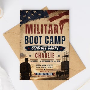 Op de afbeelding: Een rechthoekige uitnodigingskaart met een verweerde Amerikaanse vlag als achtergrond. De tekst luidt: MILITARY BOOT CAMP SEND OFF PARTY FOR CHARLIE, SATURDAY SEPTEMBER 5TH 1PM, 12234 MAIN STREET CITY, STATE, 12345, RSVP SAM AT (123) 456-7890 BY AUGUST 28TH.
