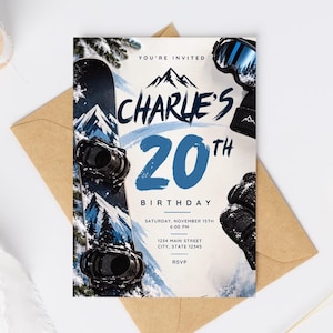 Snowboarding Birthday Invitation Winter Mountain Party Editable Canva Template Printable Digital Invite (Digital Download)