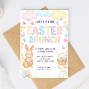 May include: A pastel-coloured Easter Brunch invitation. The design includes a bunny with a basket of eggs, flowers, and butterflies. The text "Join Us For Easter Brunch" is displayed on the invitation.