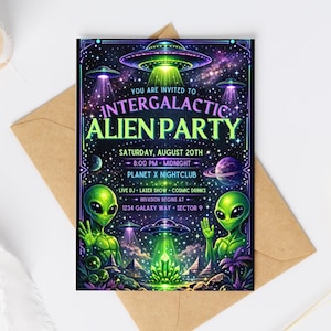 May include: An invitation for an Intergalactic Alien Party. The invitation features a vibrant design with green aliens, UFOs, and a cosmic background. The text includes the date, time, and location of the party.