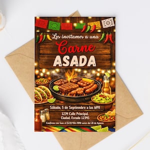 Invitación de cumpleaños de carne asada con diseño festivo mexicano, gráficos inspirados en parrilladas y tipografía moderna divertida. Plantilla editable en Canva perfecta para cumpleaños familiares, fiestas mexicanas y celebraciones al aire libre. Invitación digital tamaño 5x7 con espacios personalizables para fecha, hora, ubicación y RSVP. Diseño alegre y auténtico ideal para compartir digitalmente o imprimir para invitados en reuniones familiares y fiestas de carne asada tradicionales.