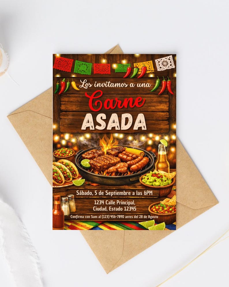 Invitación de cumpleaños de carne asada con diseño festivo mexicano, gráficos inspirados en parrilladas y tipografía moderna divertida. Plantilla editable en Canva perfecta para cumpleaños familiares, fiestas mexicanas y celebraciones al aire libre. Invitación digital tamaño 5x7 con espacios personalizables para fecha, hora, ubicación y RSVP. Diseño alegre y auténtico ideal para compartir digitalmente o imprimir para invitados en reuniones familiares y fiestas de carne asada tradicionales.