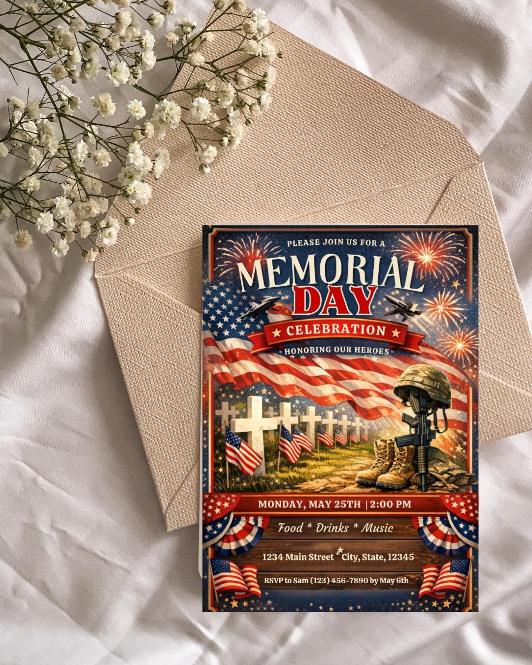 Memorial Day Invitation Template Editable Canva Patriotic Invite ...