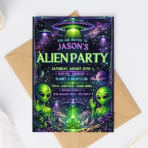 Alien Space Birthday Invitation Editable Canva Template Outer Galaxy Invite (Digital Download)
