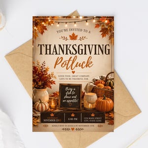 May include: A Thanksgiving potluck invitation card featuring autumn leaves, string lights, pumpkins, and a wicker basket. The text reads: You're invited to a Thanksgiving Potluck, Good food, great company, lots to be thankful for, Bring a dish to share and an appetite, Thursday November 23rd, 6:00 PM, 1234 Main Street, City, State 12345, Kindly RSVP to Jessica by November 15th.