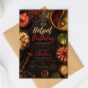 Pode incluir: Um convite de aniversário retangular com fundo escuro e imagens de ingredientes de hotpot, incluindo carne crua, cogumelos, macarrão e uma panela dividida. O texto diz: You're invited to a Hotpot Birthday Dinner to celebrate Charlie's 28th birthday.