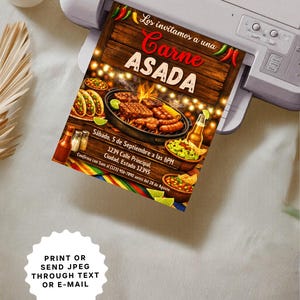 Spanish and English birthday barbecue invitation preview featuring customizable text sections, clean design elements, and a festive Carne Asada celebration theme. The editable Canva template is presented in a 5x7 format and showcases printable digital download benefits, professional layout organization, and easy editing. Listing image demonstrates suitability for backyard BBQs, family cookouts, birthday celebrations, Mexican themed parties, and special gatherings with friends and loved ones.