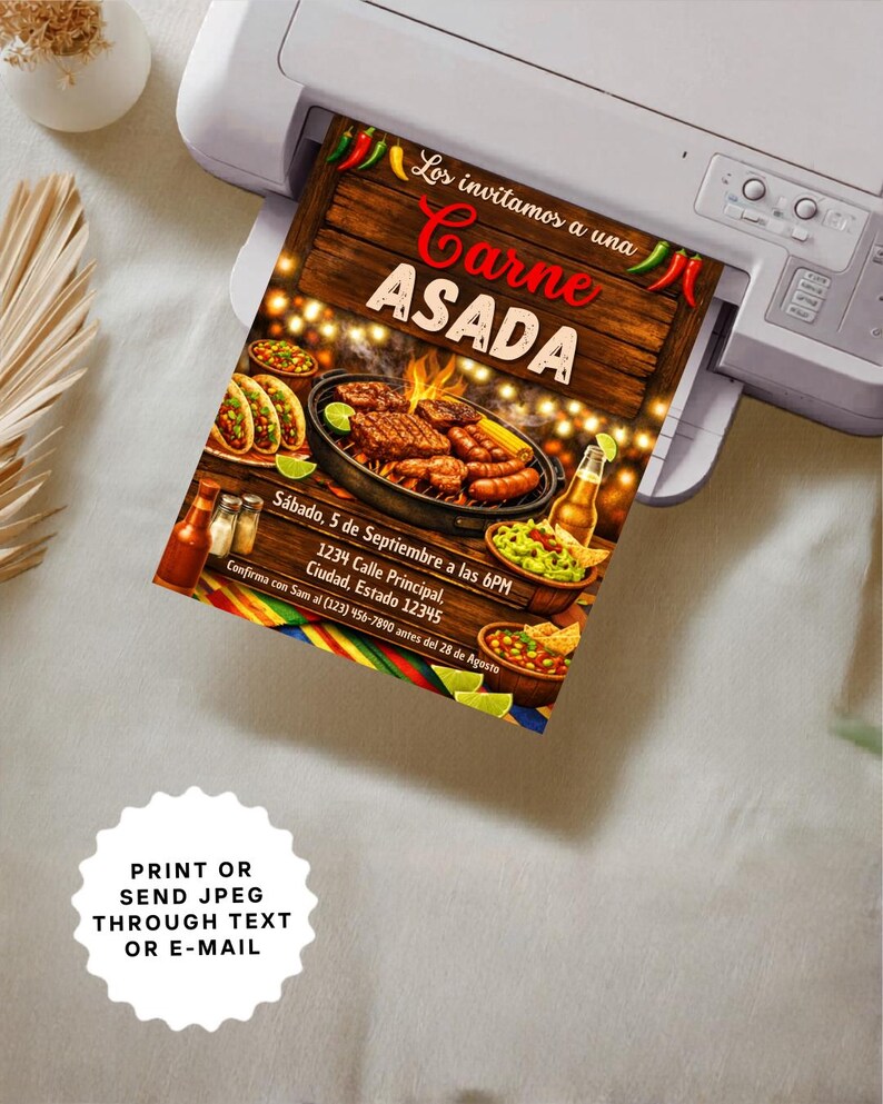 Spanish and English birthday barbecue invitation preview featuring customizable text sections, clean design elements, and a festive Carne Asada celebration theme. The editable Canva template is presented in a 5x7 format and showcases printable digital download benefits, professional layout organization, and easy editing. Listing image demonstrates suitability for backyard BBQs, family cookouts, birthday celebrations, Mexican themed parties, and special gatherings with friends and loved ones.