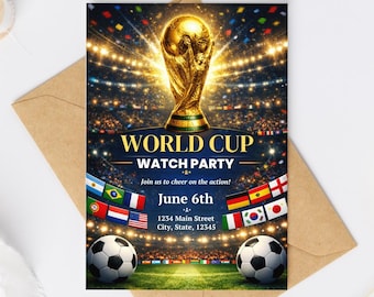 Convite para festa para assistir à Copa do Mundo, modelo editável do Canva (download digital)
