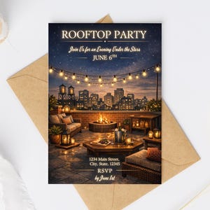 Uitnodiging voor feest op het dak bewerkbare sjabloon: digitale Canva-download (5 x 7)