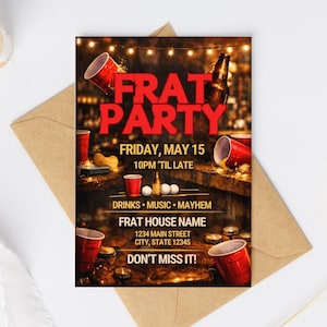 Op de afbeelding: Een uitnodiging voor een feestje met de woorden "FRAT PARTY" in grote rode letters. De uitnodiging bevat de datum, tijd en locatie. Rode plastic bekers en een bierfles zijn op de achtergrond te zien. De uitnodiging staat op een bruine envelop.