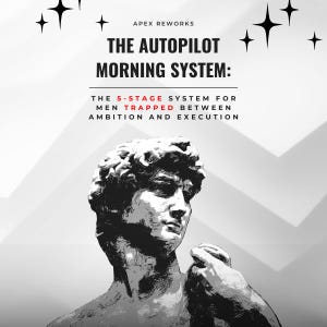May include: A grayscale graphic with the text "APEX REWORKS" and "THE AUTOPILOT MORNING SYSTEM:". Below, it reads "THE 5-STAGE SYSTEM FOR MEN TRAPPED BETWEEN AMBITION AND EXECUTION". A statue of David is in the foreground, with star shapes in the background.