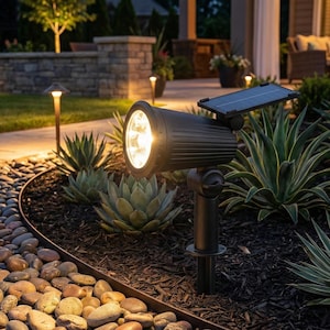 Puede incluir: Foco solar negro con un pequeño panel solar, iluminando un jardín con suculentas y rocas decorativas. El foco está montado sobre una estaca para uso en exteriores.