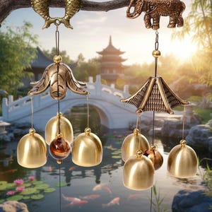 May include: Two bronze wind chimes with Asian-inspired designs. One features a fish-shaped top, the other an elephant. Each has a decorative top with hanging bells and a central bead. The background shows a bridge and a traditional building.